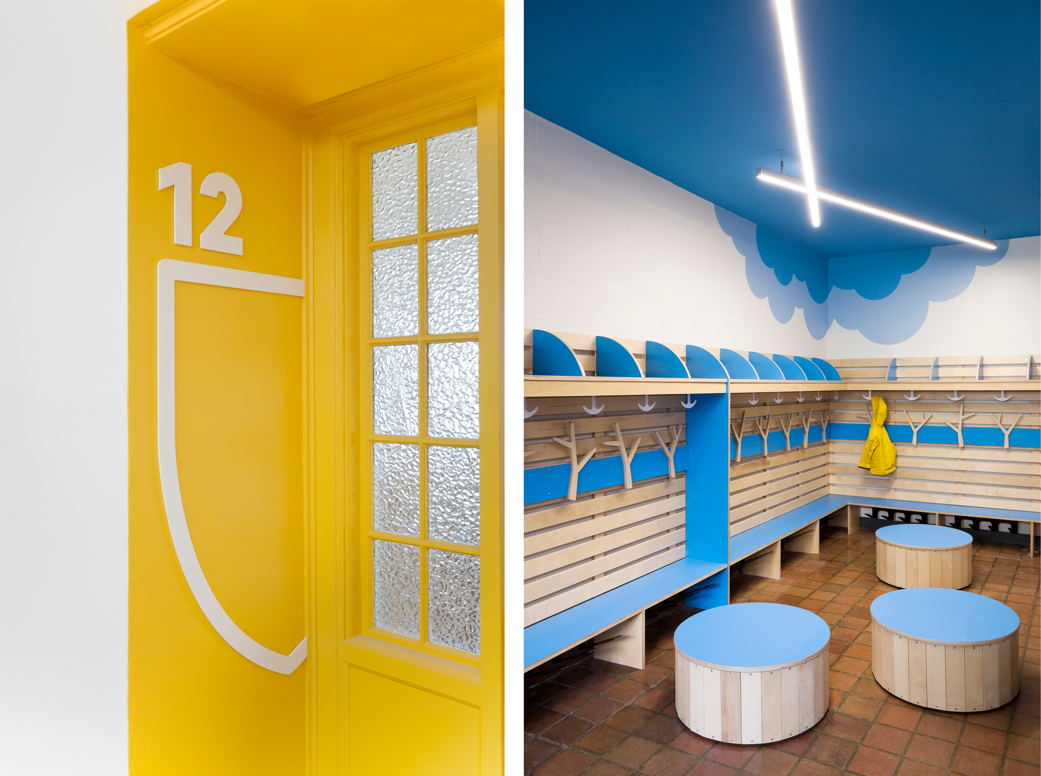 Client Académie Sainte-Anne - Accueil et vestiaire aux nouvelles couleurs Vestiaire et salle d'accueil de l'académie Sainte-Anne, nouvelle identité de marque