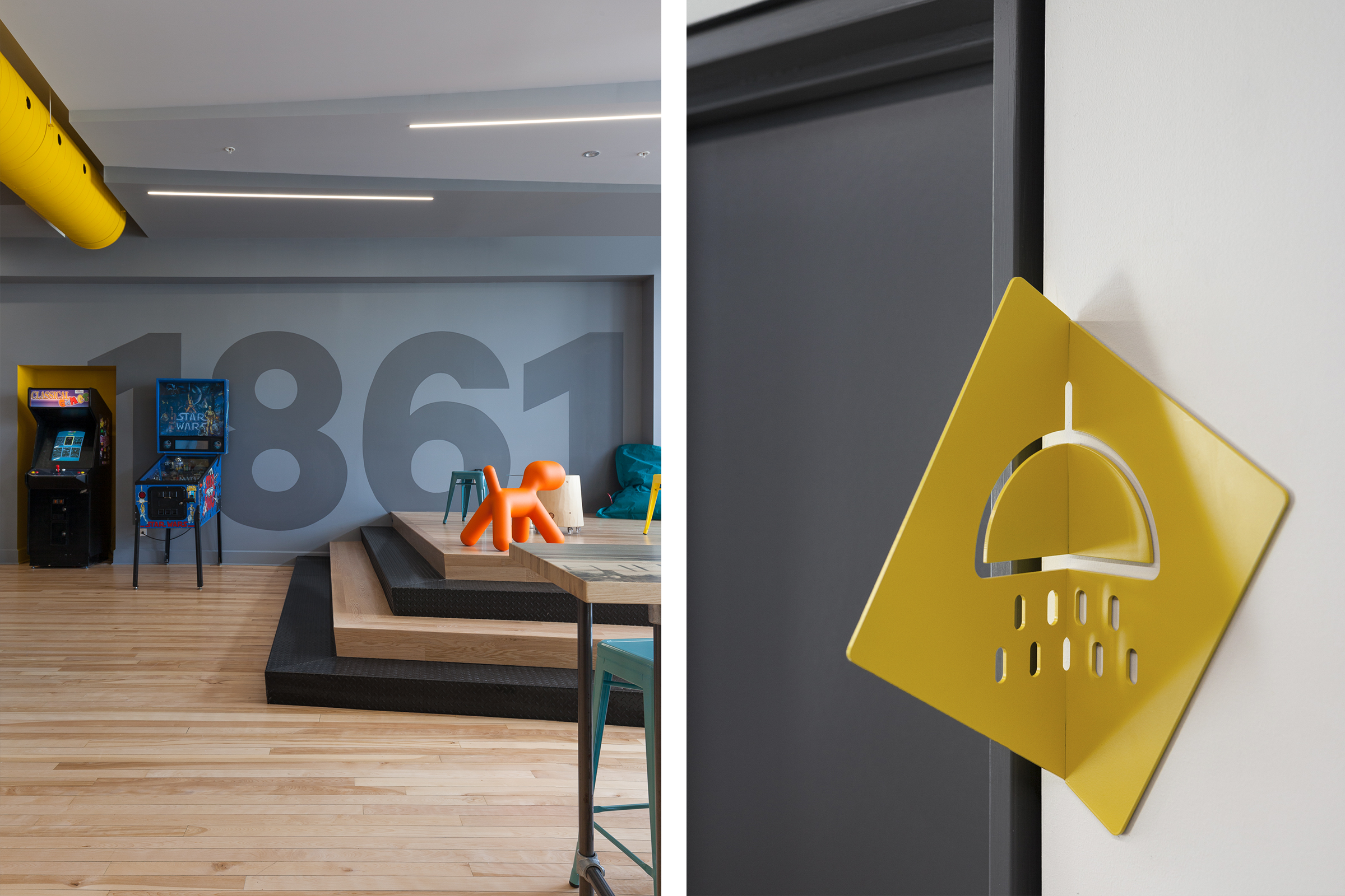 Client QG Sainte-Anne - Déclinaison de l'identité à l'interne Montage graphique de la création des espaces du QG Sainte-Anne.